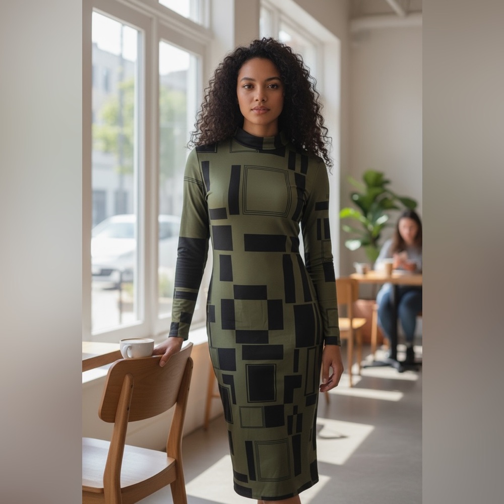 Geometric Olive and Black Dress